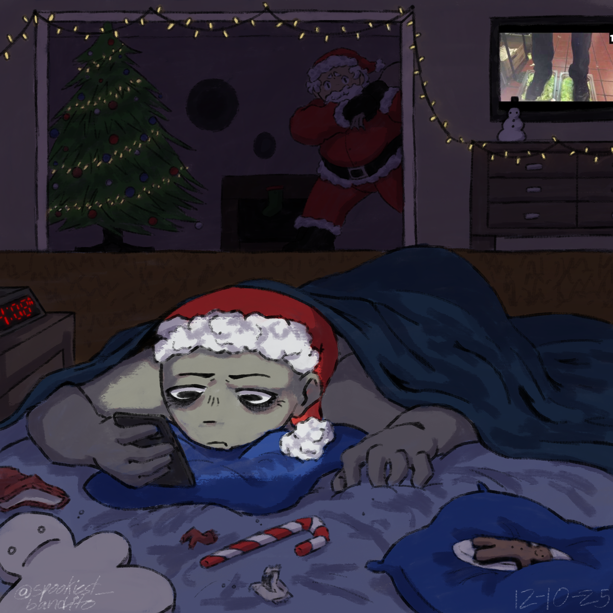 gloomy christmas (2025). An illustration of a person bedrotting while scrolling on their phone. In the background, Santa Claus looks on concernedly while he delivers a present.